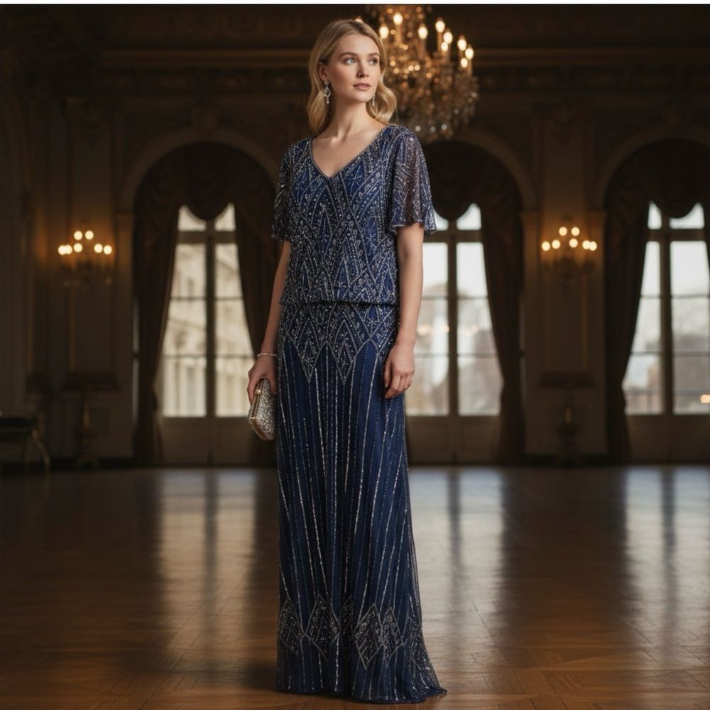 🟡 Pizarro Nites Navy V-Neck Evening Gown with Elaborate Beading